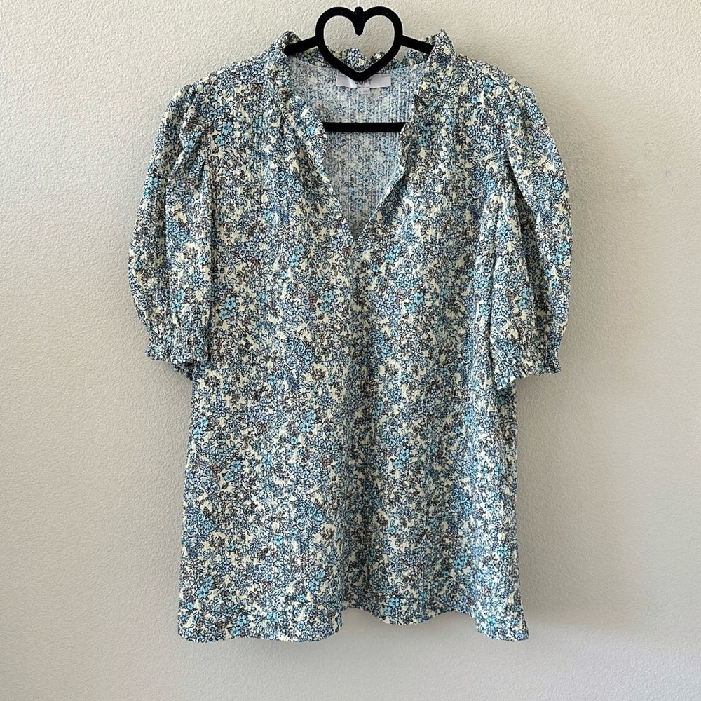 LOFT Blue Cream Smocked Floral Ruffle Neck Blouse Top Size XL - Picture 7 of 7